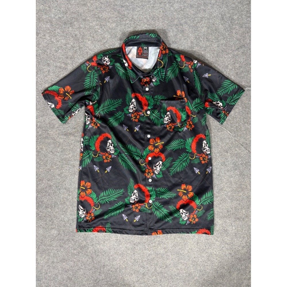 Oaf Nation Skull Mohawk Hibiscus‎ Tropical Button Up Shirt Mens Medium Black